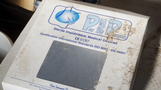 A box for a silicone gel breast implant manufactured by the now defunct French company Poly Implant Prothese (PIP) is seen inside an abandoned PIP building in La Seyne-sur-Mer near Toulon