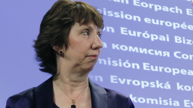 Catherine Ashton briefs the media on the latest situation in Libya during a news conference in Brussels