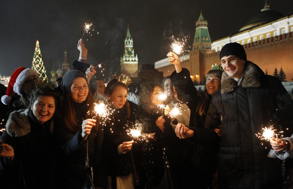 Revellers celebrate during New Year's Day celebration on Red Square in Moscow