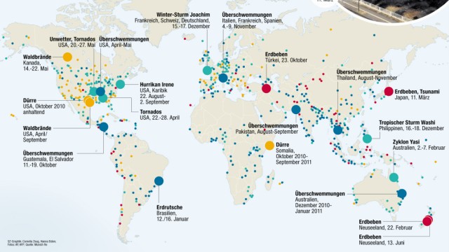 Munich Re rechnet vor: Die Naturkatastrophen 2011 auf der Weltkarte - klicken Sie auf das Bild.