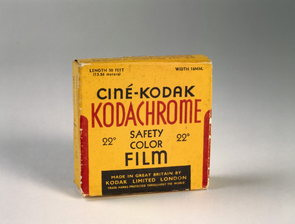 Box of Cine-Kodak Kodachrome 16mm safety colour film, c 1935.