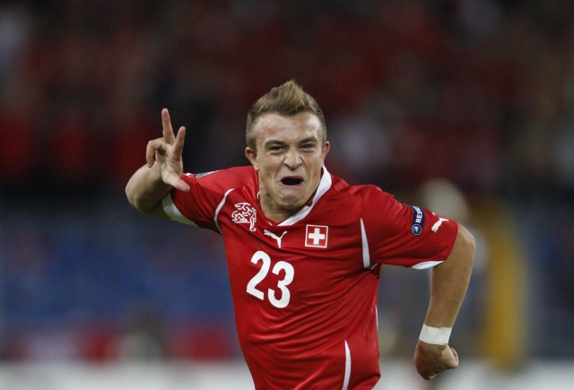 Switzerland's Shaqiri celebrates after scoring hatrick during their Euro 2012 Group G qualifying soccer match against Bulgaria in Basel