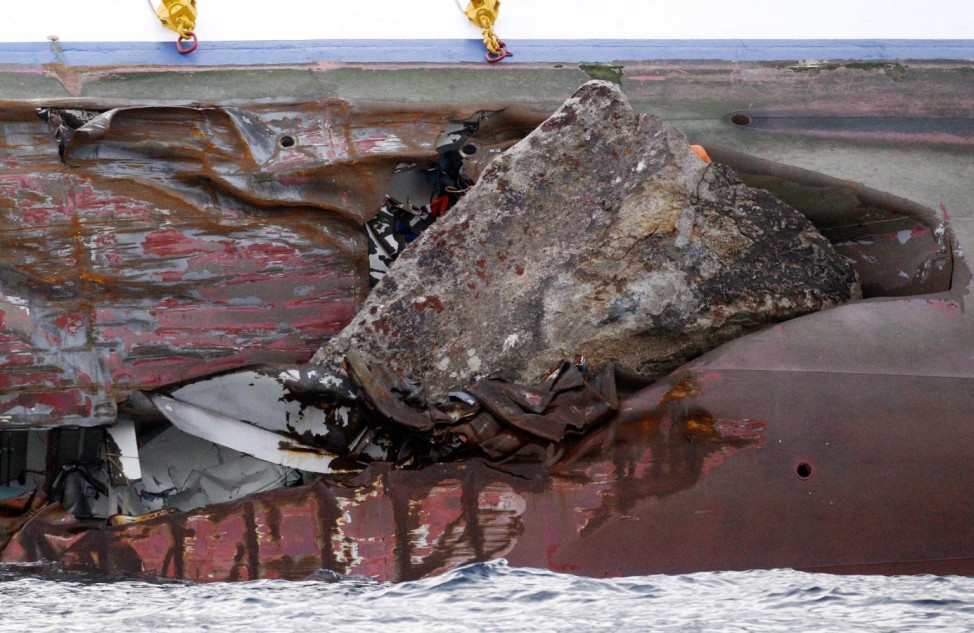 A view shows one of the two leaks in the capsized Costa Concordia cruise ship at Giglio island