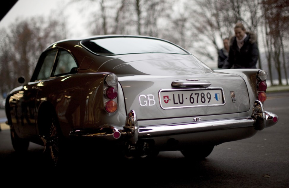The Aston Martin DB5 made famous in the James Bond movies is displayed after restoration in Luzern