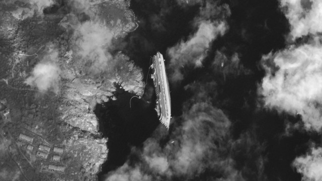 Satellite image showing the cruise ship Costa Concordia that ran