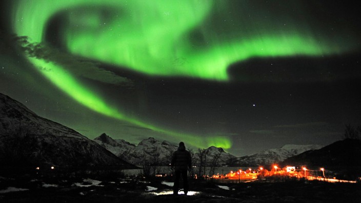 A general view of the aurora borealis near the city of Tromsoe in northern Norway