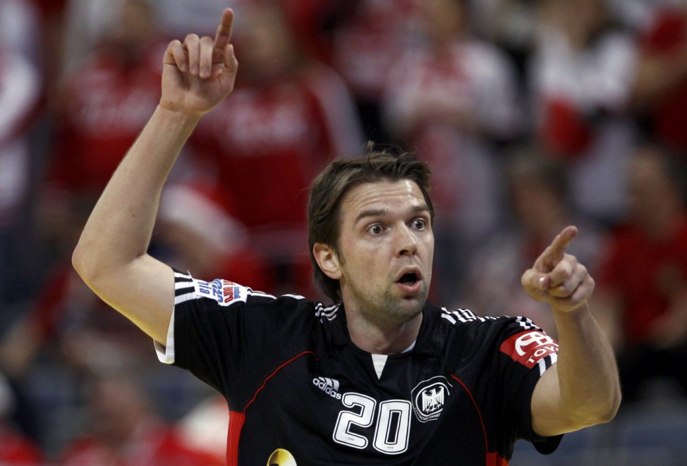 Germany's Sprenger reacts during Men's European Handball Championship match against Poland in Belgrade