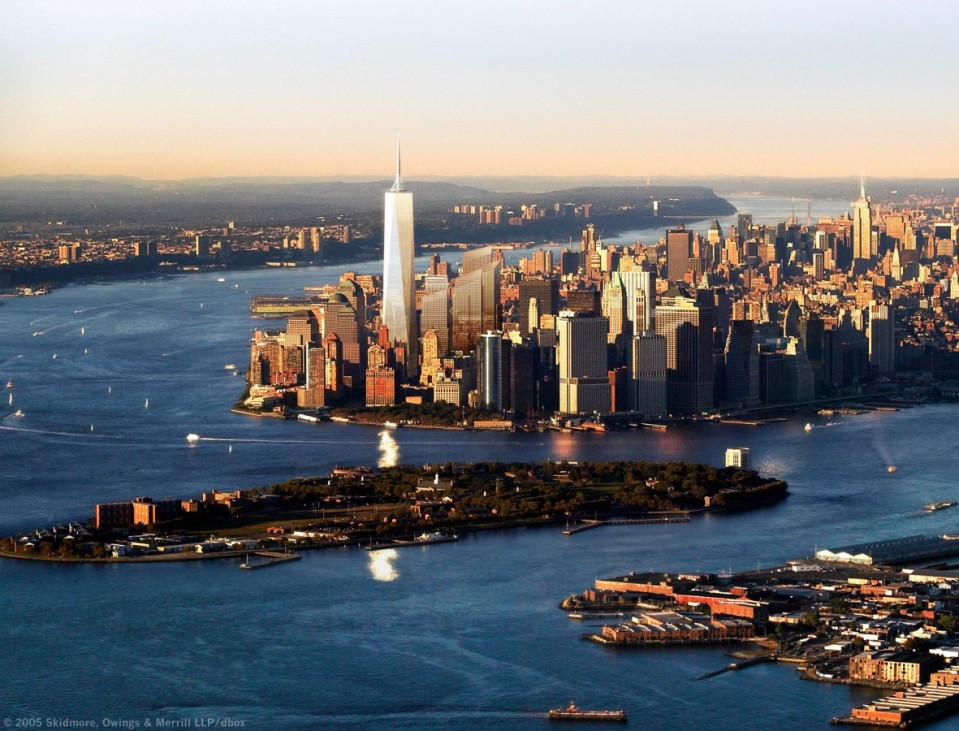 An aerial view from the New York Harbor of the updated design for the 'Freedom Tower' for the World Trade Center Site