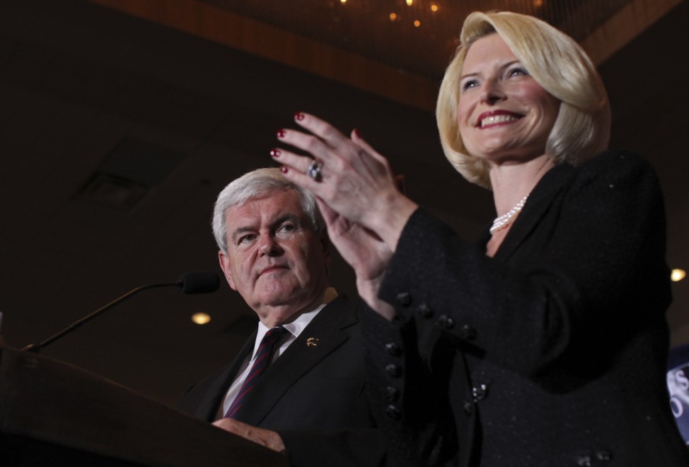 U.S. Republican presidential candidate Gingrich and his wife Callista appear at his Florida primary night rally in Orlando