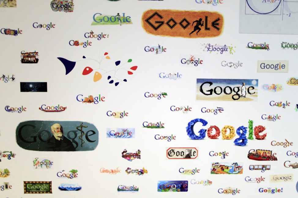 File photo of Google homepage logos on a wall at the Google campus near Venice Beach