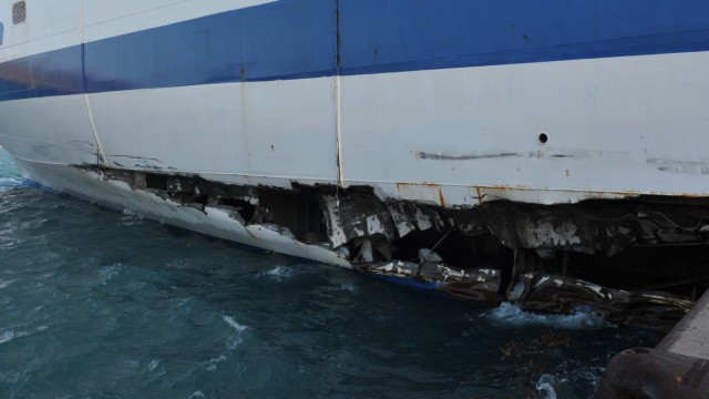 Ferry ship 'Sharden' hit a protrusion of the harbor's embankment