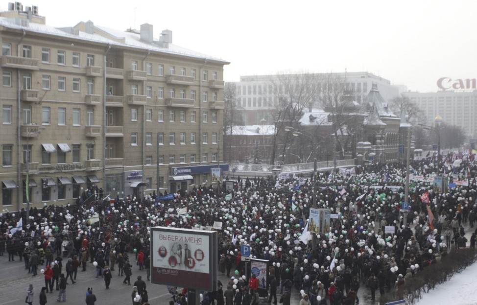 Protesters march during a demonstration for fair elections in central Moscow