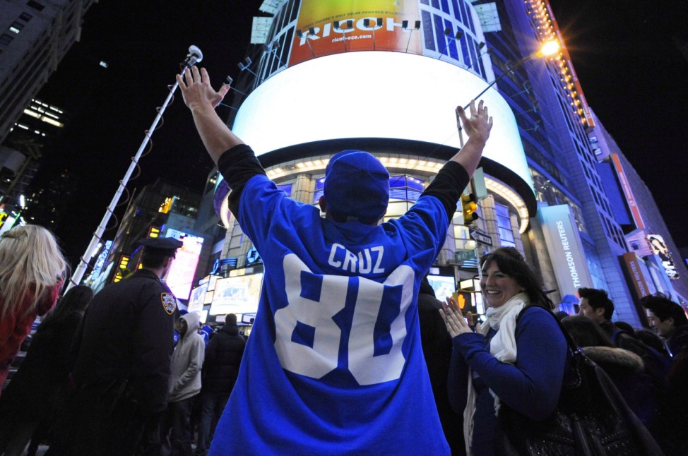 New York Giants fans celebrate Super Bowl Victory in Times Square