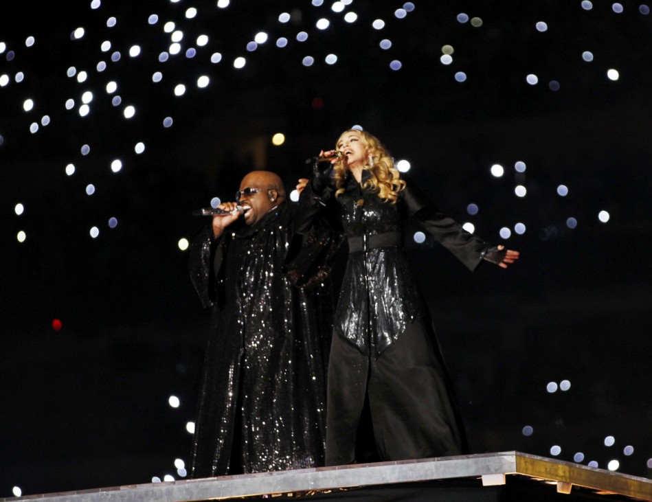 Madonna performs with Cee Lo Green during the halftime show in the NFL Super Bowl XLVI football game in Indianapolis