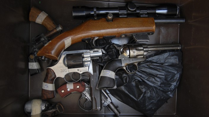 Weapons handed in by residents are seen in a box during the 'Guns Exchange Program' in the municipality of Garcia