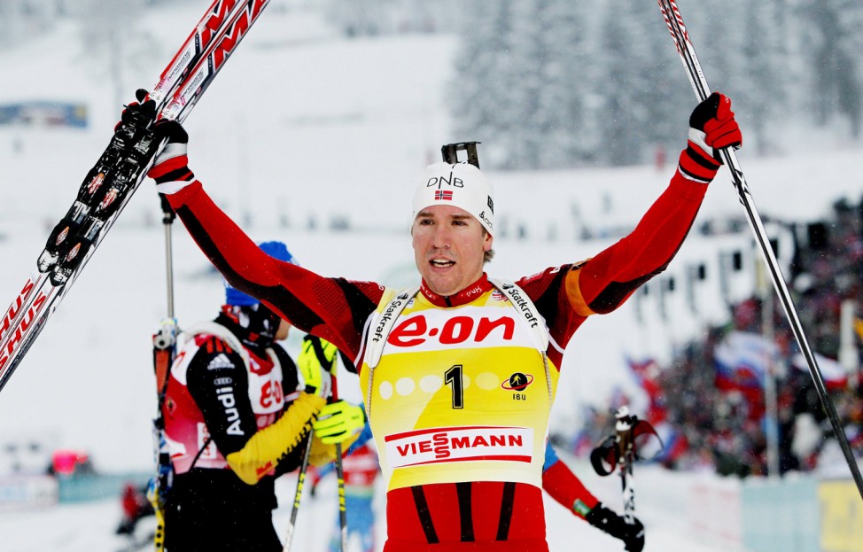 Winner Svendsen of Norway reacts after the men's 15 km mass start race at the World Cup Biathlon in the Holmenkollen Ski Arena, Oslo