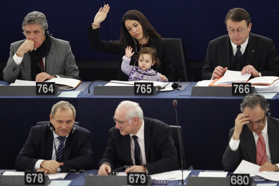 Italy's Member of the European Parliament Ronzulli takes part with her daughter in a voting session at the European Parliament in Strasbourg