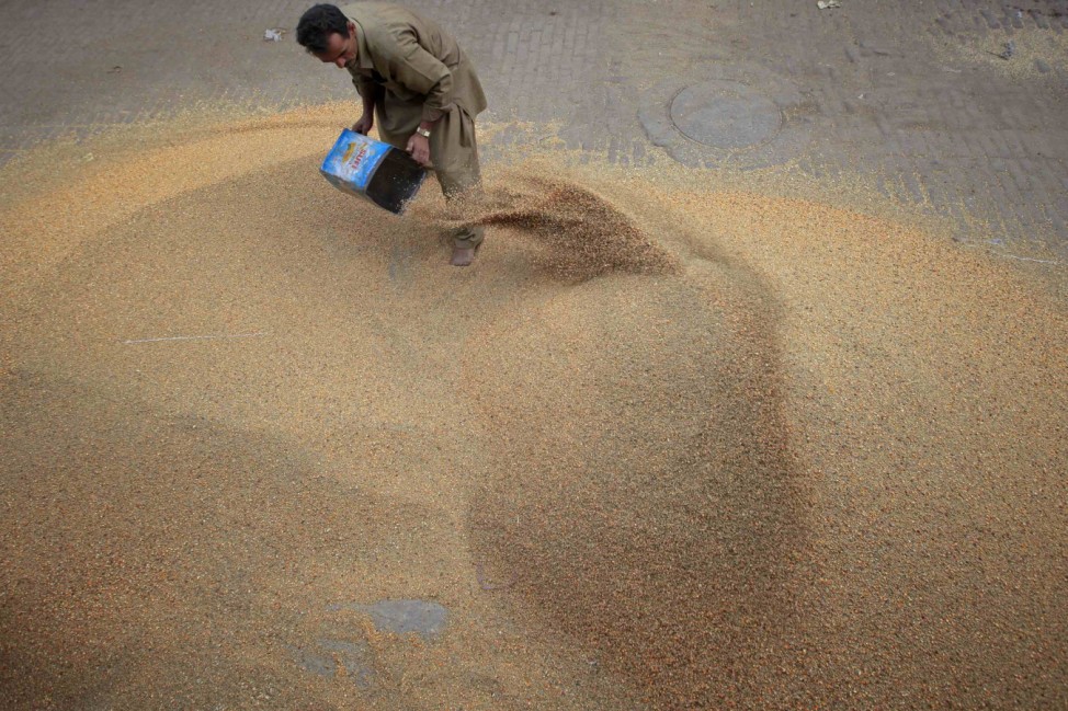 A man mixes lintels wheat and rice for sale which are used as feed for birds, at a market in Lahore