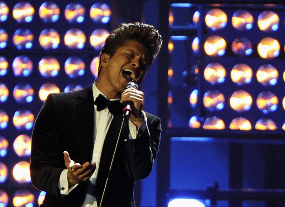 Bruno Mars performs during the BRIT Music Awards at the O2 Arena in London
