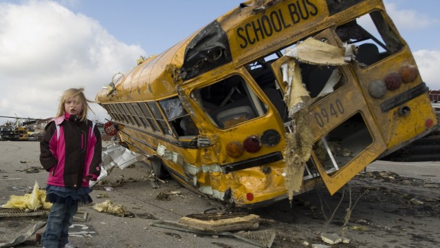 Indiana National Guard handout photo of a destroyed school bus in Henryville