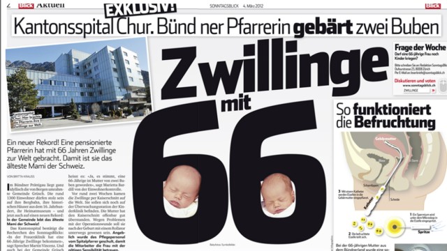 66-jährige Schweizerin entbindet Zwillinge: "Älteste Mami der Schweiz": Das Boulevard-Blatt Blick illustriert einfallsreich das Alter der Pastorin und ihren doppelten Kindersegen.