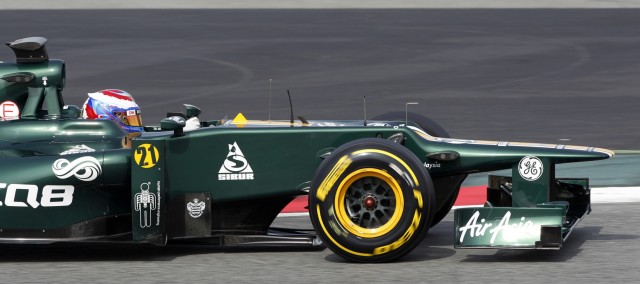 Caterham F1 driver Vitaly Petrov of Russia drives during a training session at Circuit de Catalunya racetrack