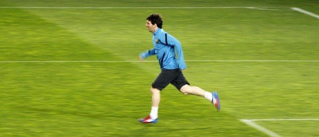 Barcelona's player Lionel Messi attends a training session at Camp Nou stadium in Barcelona