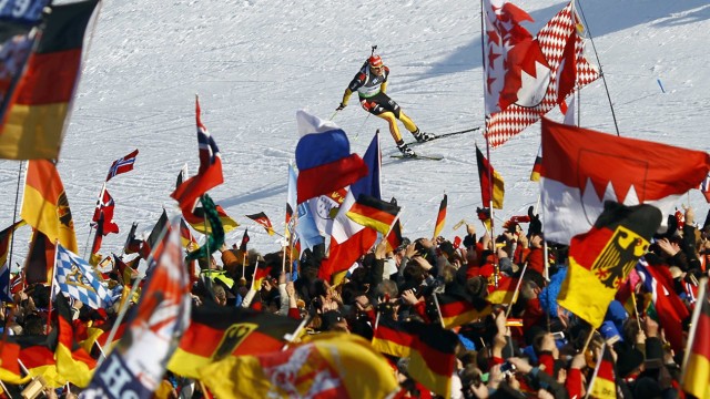 Pfeiffer from Germany skies to third palce in the men 4 x 7.5 km relay race at the Biathlon World Championships in Ruhpolding
