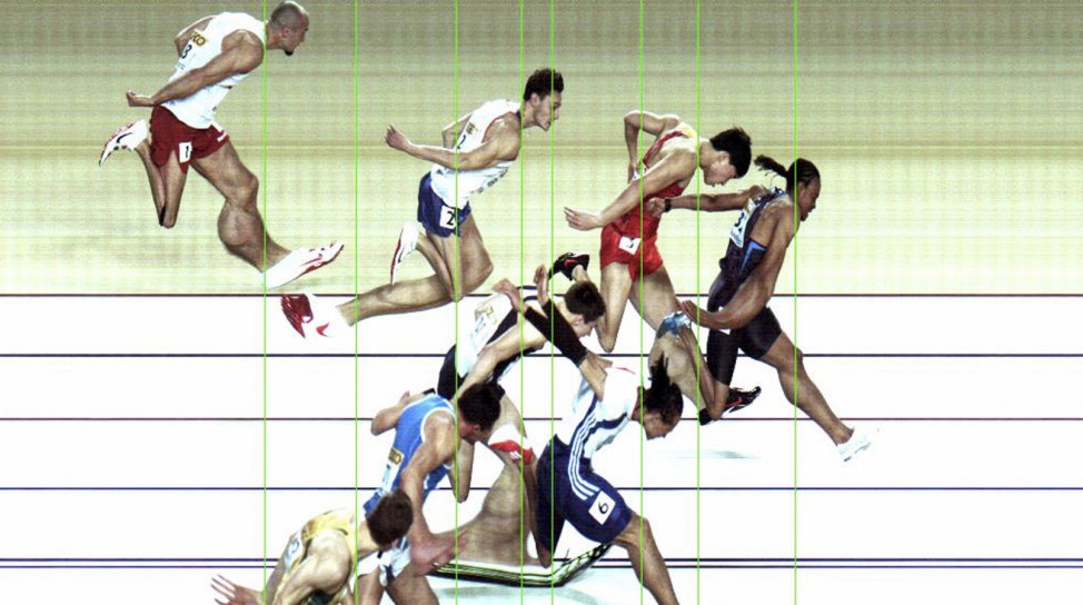 A photo finish shows Merritt of U.S. winning the men's 60 metres hurdles final at the world indoor athletics championships in Istanbul