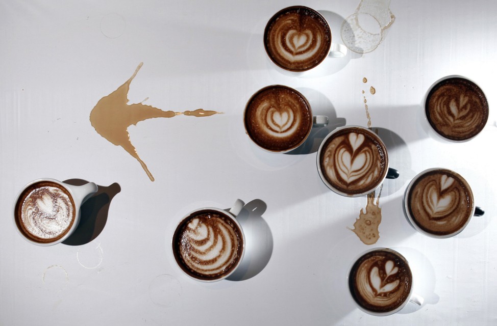 Cups of latte are seen on display following the Coffee Fest New York Latte Art Championships at the Javits Center in New York