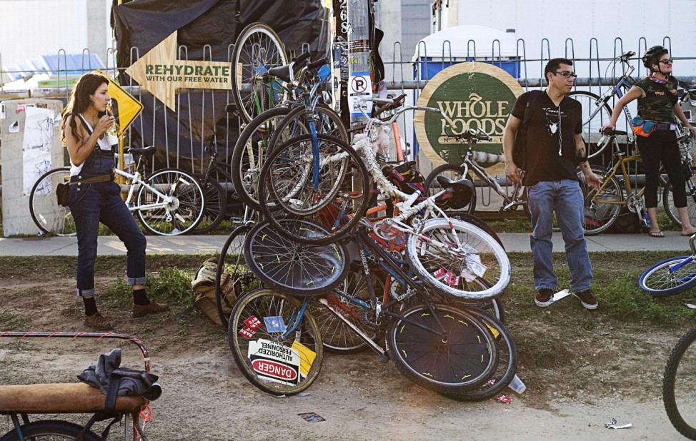 Bikes are piled up during the South by Southwest (SXSW) Music Conference in downtown Austin