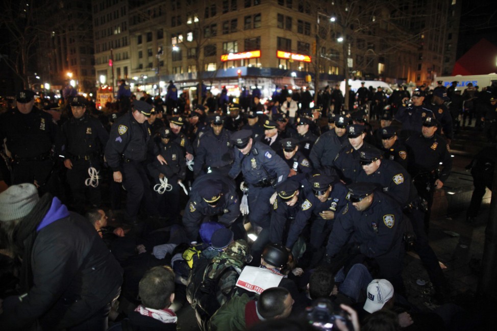 NYPD officers clash with members of the Occupy Wall St movement at Zuccotti park in New York