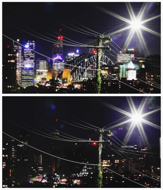 Combo photo shows power lines crossing in front of Sydney Harbour Bridge and city skyline before and during Earth Hour