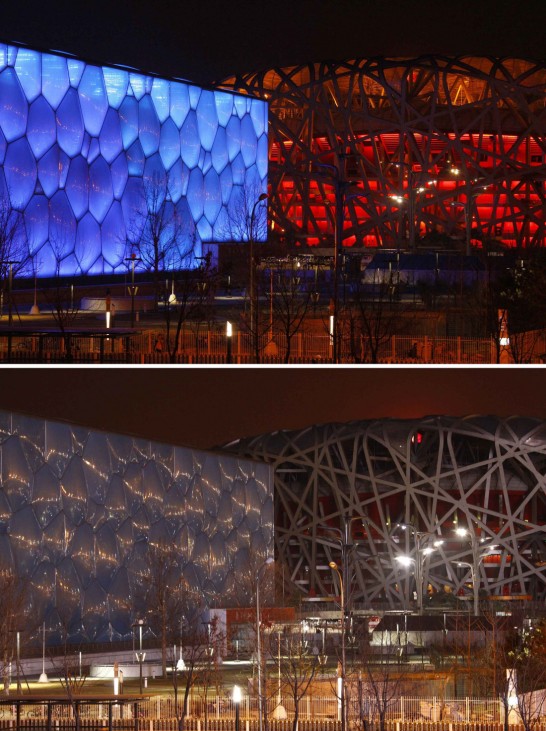 Combination picture shows China's National Stadium and National Aquatics Center seen before and after Earth Hour in Beijing