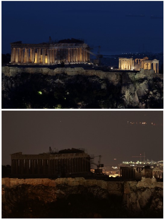 A combination picture shows the hill of the Acropolis before and during Earth Hour in Athens
