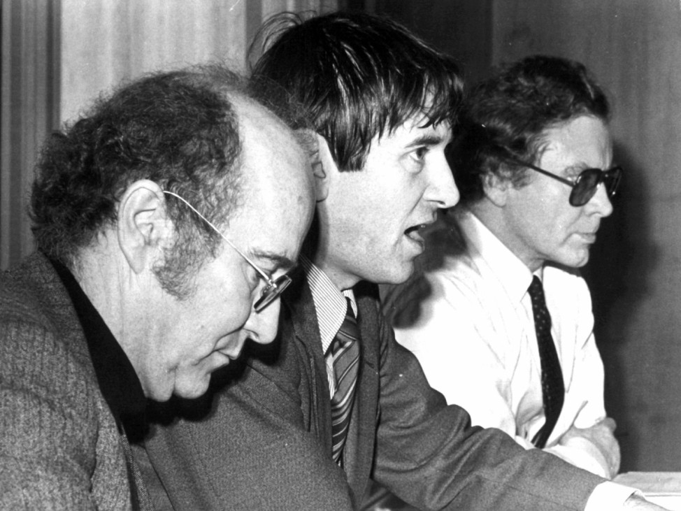 Die Anwälte der Baader-Meinhof-Gruppe Klaus Croissant, Otto Schily und Hans Heinz Heldmann, 1976