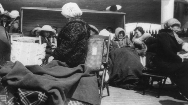 Group of survivors of Titanic disaster aboard the Carpathia after being rescued