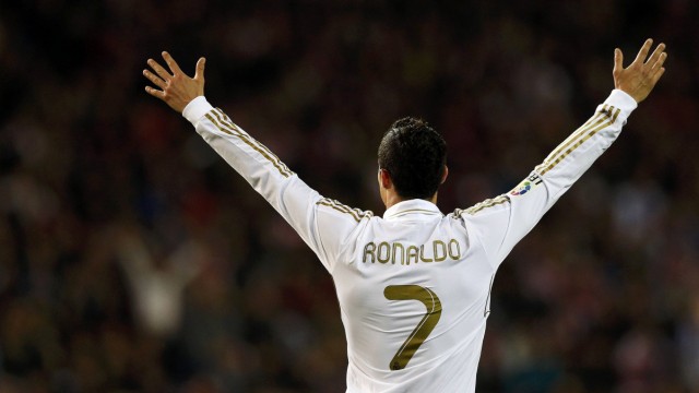 Real Madrid's Ronaldo celebrates scoring his second goal during their Spanish first division soccer match in Madrid