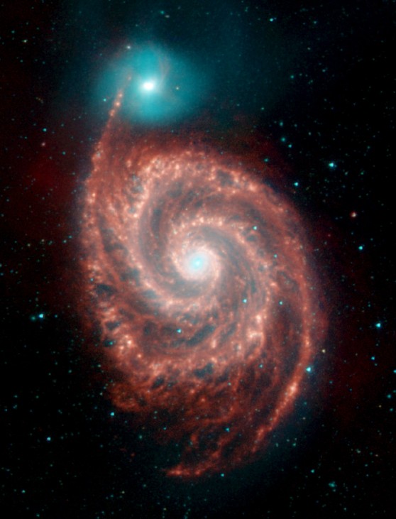 NASA's Spitzer Space Telescope has captured these infrared images of the 'Whirlpool Galaxy,' revealing strange structures bridging the gaps between the dust-rich spiral arms, and tracing the dust, gas and stellar populations in both the bright spiral gala