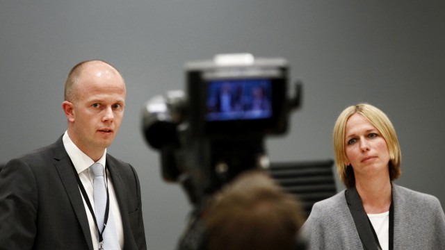 Public prosecutors Holden and Engh attend a news conference after the third day of the terrorism and murder trial of Norwegian mass killer Breivik in Oslo