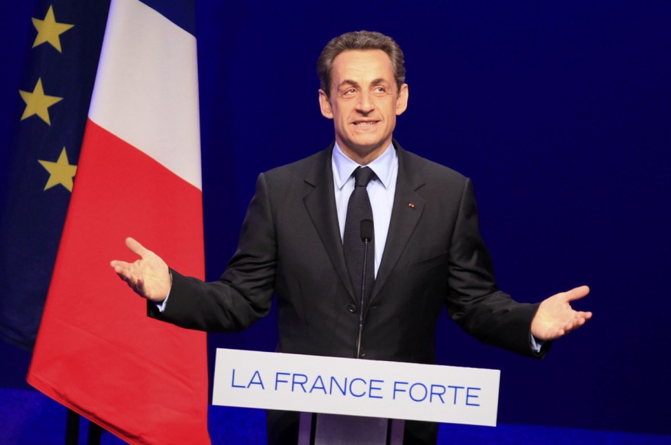 France's President and UMP party candidate for the 2012 French presidential electionS Sarkozy speaks to supporters at La Mutualite meeting hall in Paris