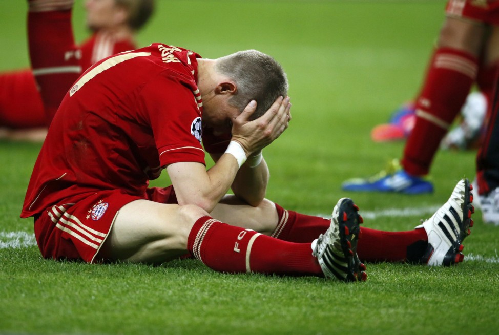 Bayern Munich's Schweinsteiger reacts after being defeated by Chelsea at penalty shootout during their Champions League final soccer match at the Allianz Arena in Munich