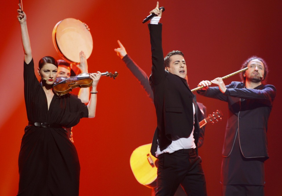 Zeljko Joksimovic of Serbia performs his song 'Nije Ljubav Stvar' during the Grand Final of the Eurovision song contest in Baku
