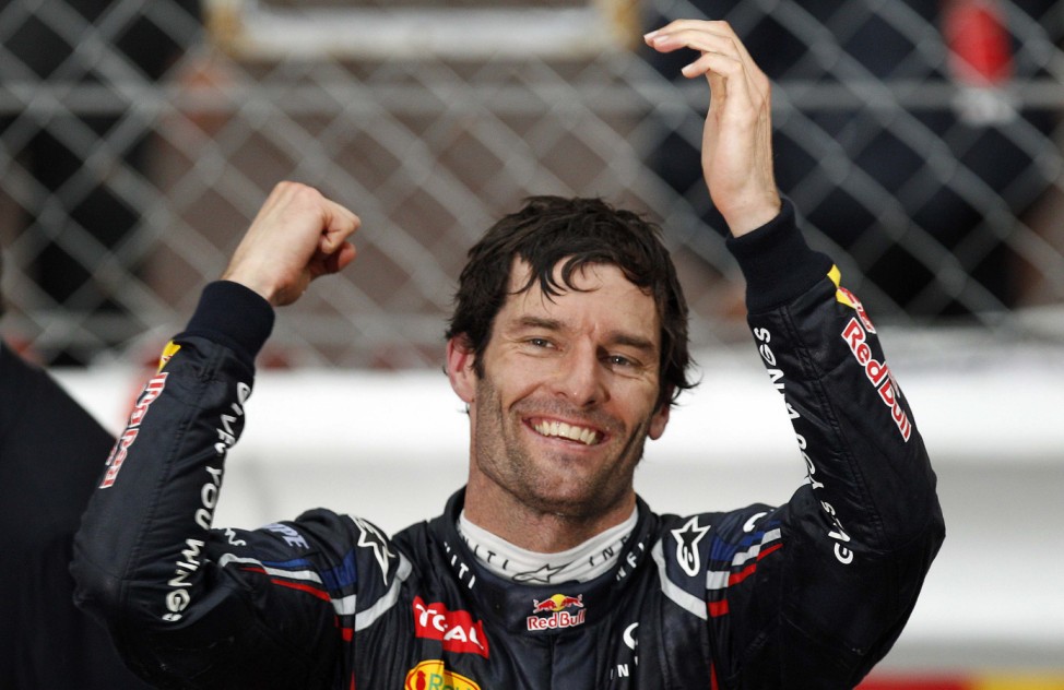Red Bull Formula One driver Mark Webber of Australia celebrates after winning the Monaco F1 Grand Prix