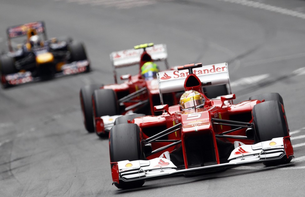 Ferrari Formula One driver Fernando Alonso of Spain drives ahead of teammate Felipe Massa of Brazil during the Monaco F1 Grand Prix