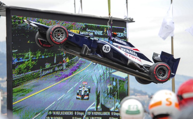 The car of Williams' F1 Formula One driver Pastor Maldonado of Venezuela is seen after his crash during the Monaco F1 Grand Prix