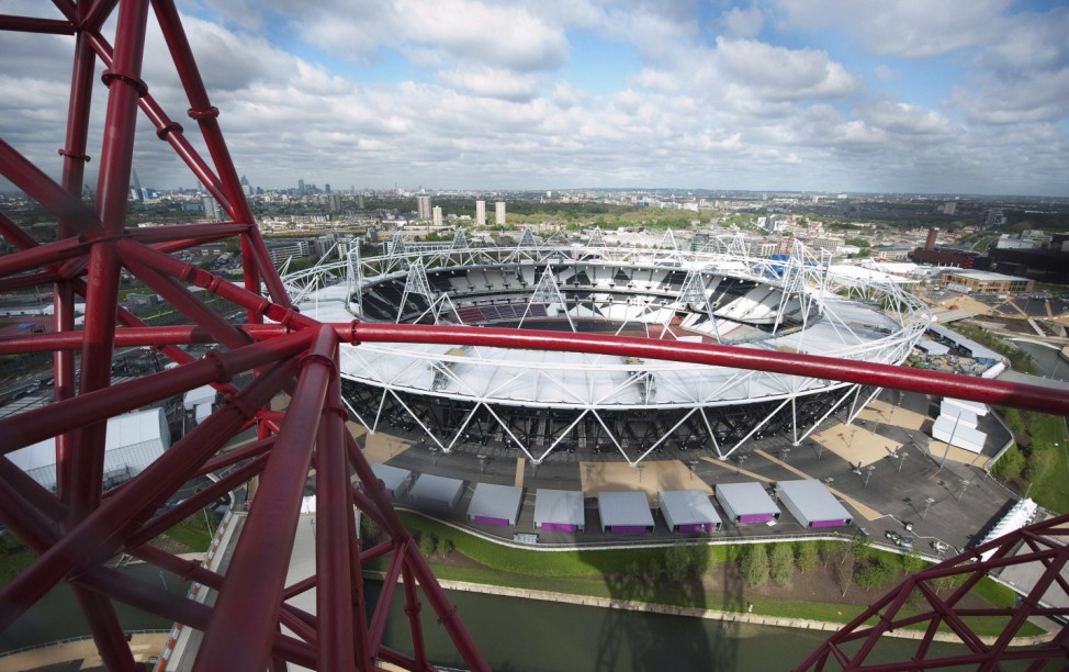 The London 2012 Olympic Stadium is seen from the top of the ArcelorMittal Orbit in the London 2012 Olympic Park in east London