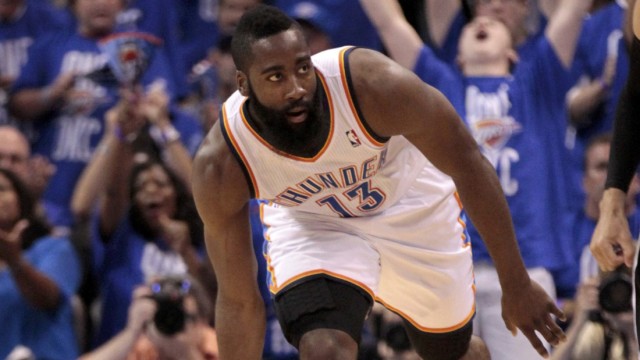 Oklahoma City Thunder guard James Harden celebrates a three-point ahot against the San Antonio Spurs during Game 3 of the NBA Western Conference basketball finals in Oklahoma City