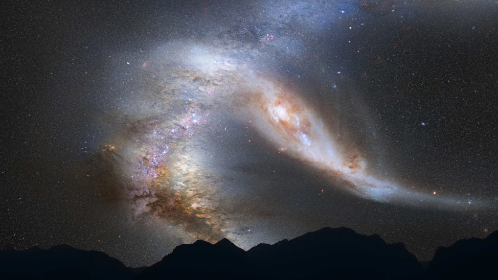NASA photo illustration depicts a view of the night sky just before the predicted merger between our Milky Way galaxy and the neighboring Andromeda galaxy