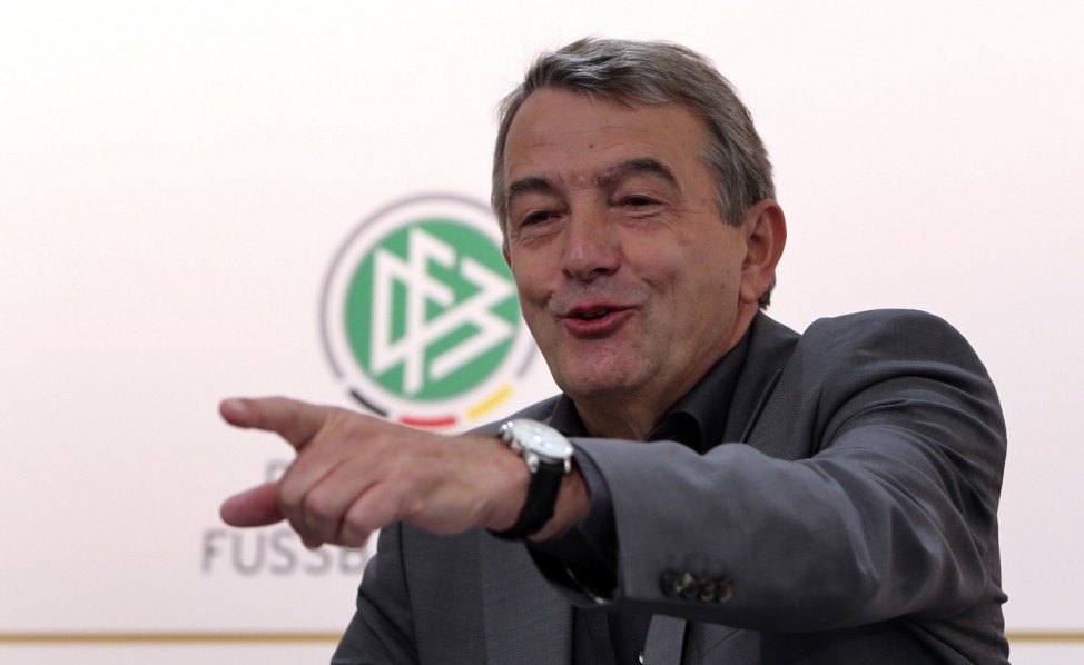 President of German soccer association Niersbach gestures during a news conference in Gdansk
